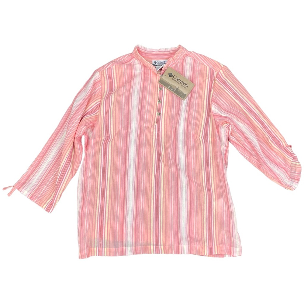 NWT COLUMBIA Heavenly Gauze Tunic Womens L Pink Striped 1/4 Button